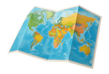 Folded world map with vibrant colors showing continents and oceans.