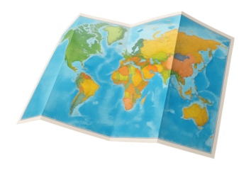 Folded world map with vibrant colors showing continents and oceans.
