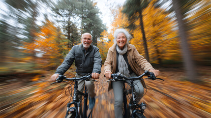 Smiling senior couple riding bicycles through autumn park, enjoying active lifestyle together.