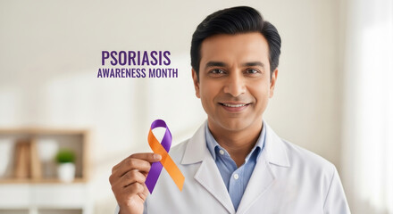 doctor holding purple and orange ribbon symbolizing psoriasis awareness month. focus on healthcare and support. medical professional promoting skin health. poster, banner