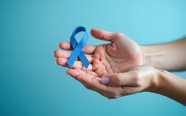 inscription world diabetes day and blue ribbon awareness with red blood drop in woman hands on a blue background. High quality