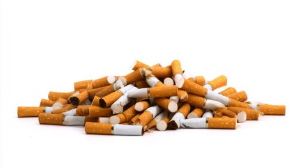 Pile of cigarette butts on white background. Neural network AI generated
