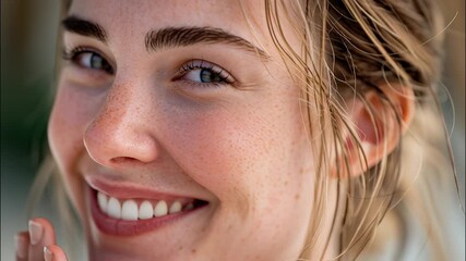 Joyful woman showcasing sparkling engagement ring, hand touching cheek, beaming with love upcoming anticipation and wedding video 4k