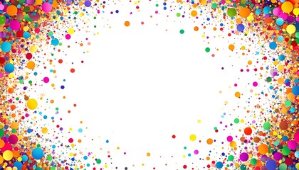 Colorful confetti circles frame a white center.  A vibrant explosion of round confetti dots in various bright colors surrounds a large blank white space