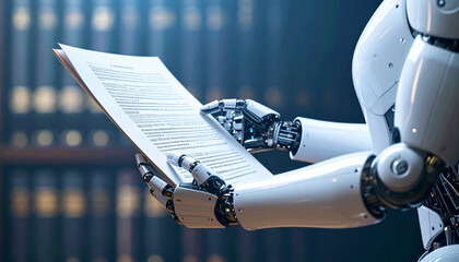 Robot Reviewing Document: A sophisticated robot meticulously analyzes a document in a futuristic library setting, symbolizing advanced technology's role in research and data processing.