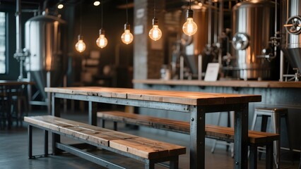 Industrial-style brewery interior with wooden tables and benches under warm pendant lights