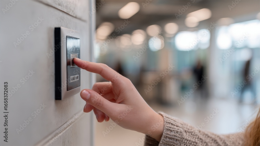 Poster middistance shot of a user scanning their badge on a network access panel focused scanner and hand w
