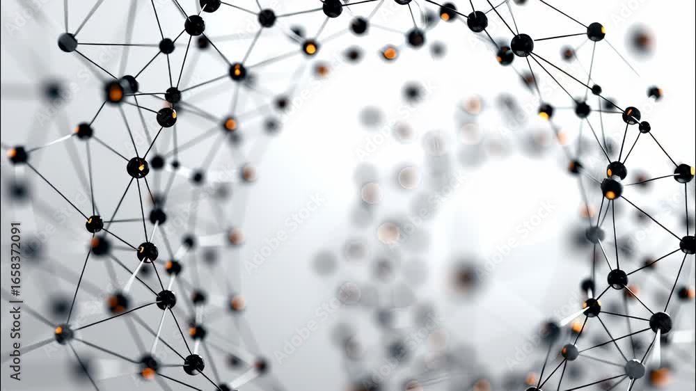 Poster glowing interconnected network background nodes arranged in circular pattern, representing technolog