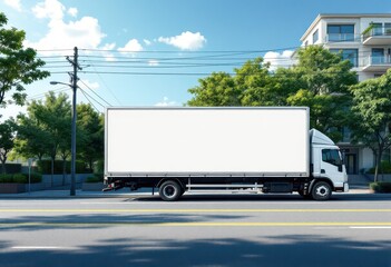 A white box truck with a blank side panel drives along a city street lined with trees and modern apartment buildings under a partly sunny sky