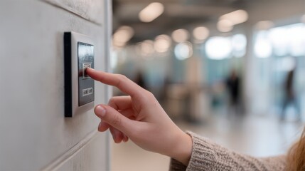 Middistance shot of a user scanning their badge on a network access panel focused scanner and hand with soft blur of corporate entryway in the background.