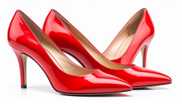 "Luxury women’s high heel shoes in glossy red leather with pointed toe and stiletto heel, isolated on white background, elegant footwear stock photo"
