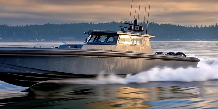 Steel gunboat on the water