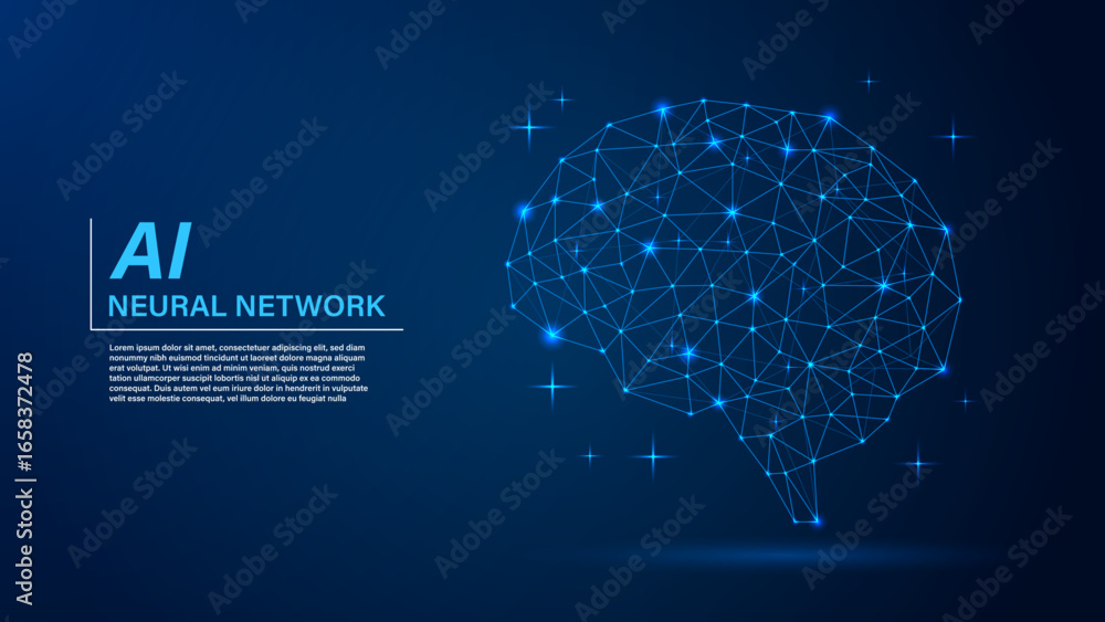 Wall mural artificial intelligence neural network brain background with glowing blue polygonal wireframe connec