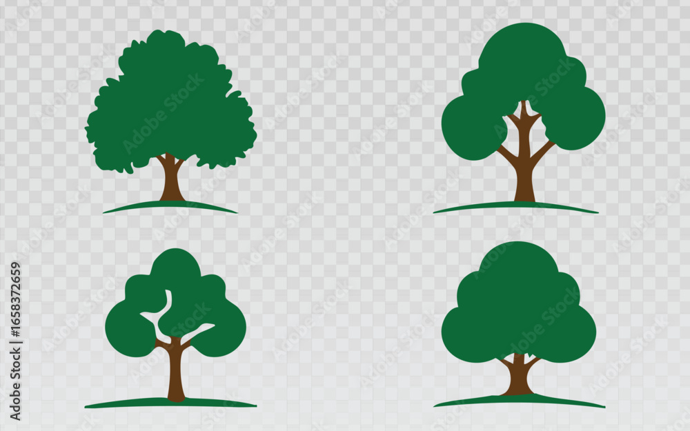 Aufkleber collection of four clean and simple vector tree icons in various shapes and sizes, featuring a flat 