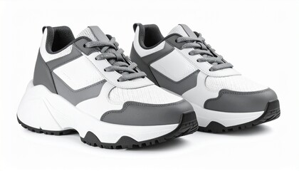 "Pair of trendy chunky platform sneakers in white and gray, isolated on white background, modern streetwear style"
