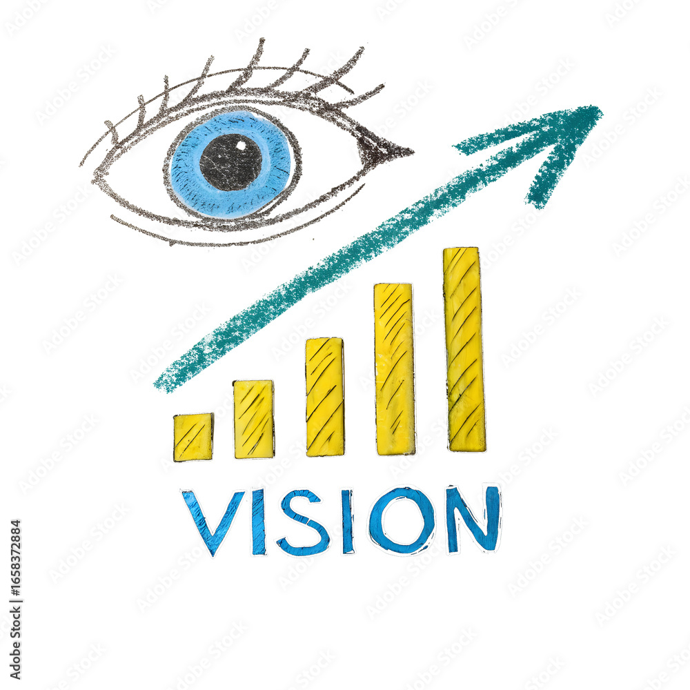 Poster hand drawn eye and upward trending bar graph with word v i s i o n isolated on a transparent backgro