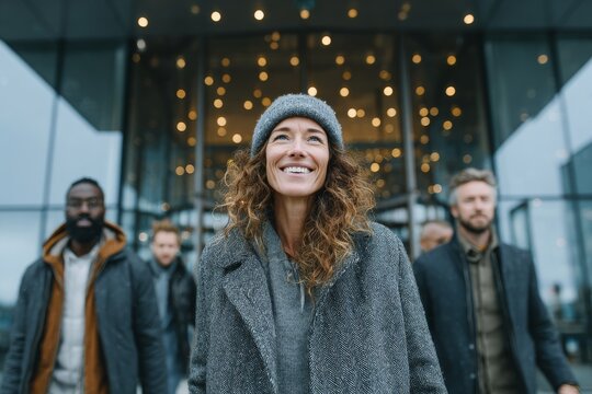 group of attractive software developers entering high-tech building. Generative AI