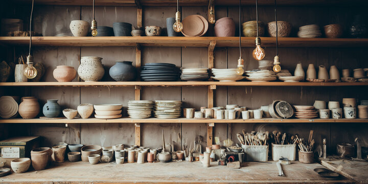 rustic pottery shelf with handmade ceramic vases, bowls, and dishes in warm earthy tones, showcasing artisan craftsmanship and natural texture in cozy studio setting
