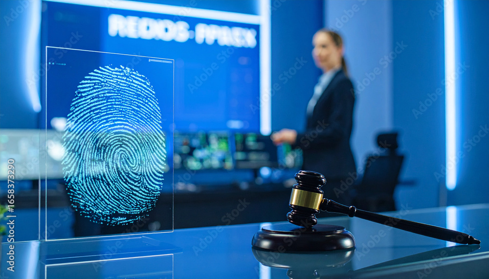 Poster forensic analysis in action: a captivating visual of legal tech, with a gavel and digital fingerprin