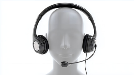 Black Headset With Microphone On Mannequin Head Isolated On White Background