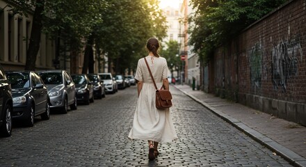 Woman in white dress walking down a cobblestone street with a brown leather bag, lined with cars and trees, towards a brick wall with graffiti in the city