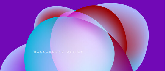 Abstract fluid shapes overlap, creating vibrant color gradients. Purple background enhances dynamic visual effect. Modern design element.