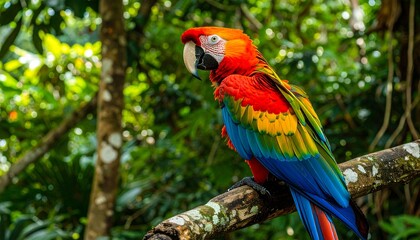 Fototapeta premium Portrait of a beautiful exotic red parrot, a wild scarlet macaw, resting on a branch in its natural Amazon rainforest habitat.