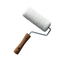 Obraz premium A clean paint roller with a wooden handle, isolated on a white background. Ideal for DIY projects and home improvement.