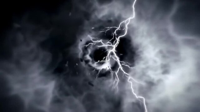 A swirling vortex of dark grey smoke, illuminated by a bright white lightning bolt that cuts through its center against a black background