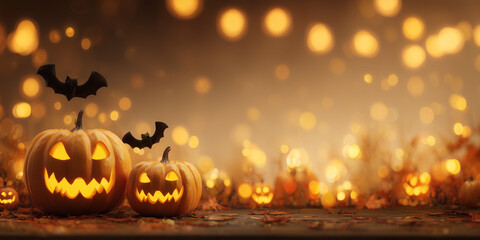 Halloween pumpkins glow with spooky faces and flying bats in a dark, festive autumn setting, creating a mysterious and eerie atmosphere for seasonal decoration.