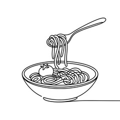 Single-Line Drawing of Spaghetti in a Bowl with a Forkful of Spaghetti