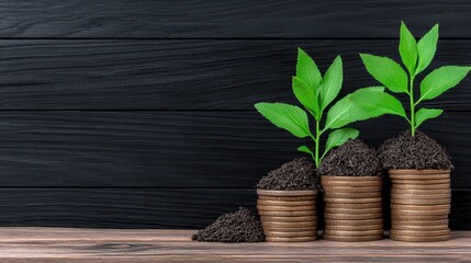 Vibrant Green Seedlings in Dark Brown Woven Baskets Against Dark Wood