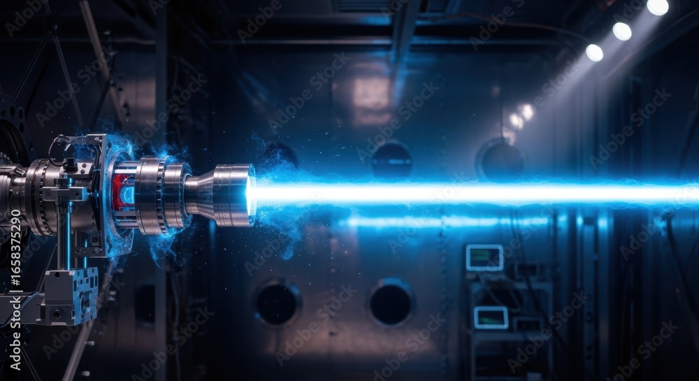 Poster satellite ion propulsion test in progress with visible charged particle beam inside a vacuum chamber