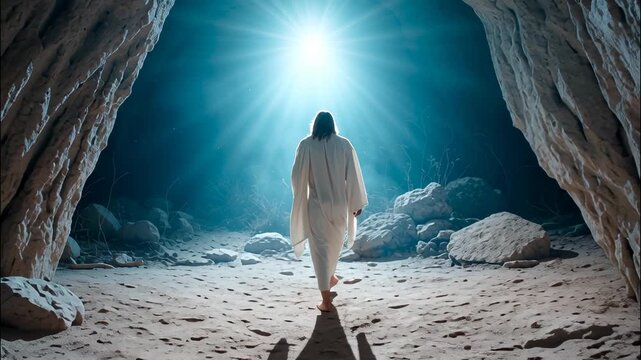 Jesus exiting a dark cave walking into a bright divine light, a symbolic resurrection representation hope Easter video 4k
