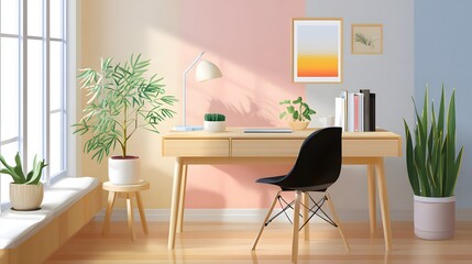 Fototapeta premium Cozy Minimalist Workspace with Stylish Furniture and Indoor Plants in Bright Natural Light