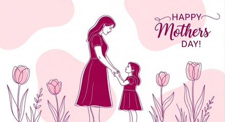 Obraz premium Happy Mother's Day illustration of mother and daughter holding hands