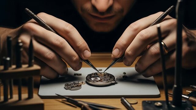Watchmaker Repairing a Timepiece: Close Up of Skilled Hands and Tools