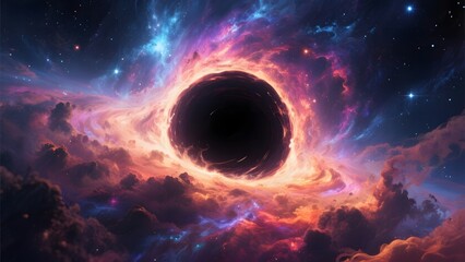 Naklejka premium Vibrant Cosmic Scene Featuring a Black Hole Surrounded by Nebulae