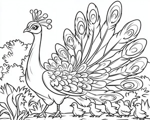 Fototapeta premium Playful peacocks at the zoo coloring book illustration, featuring a beautiful peacock spreading its feathers, another pecking at the ground, and little chicks following behind, simple and fun, 