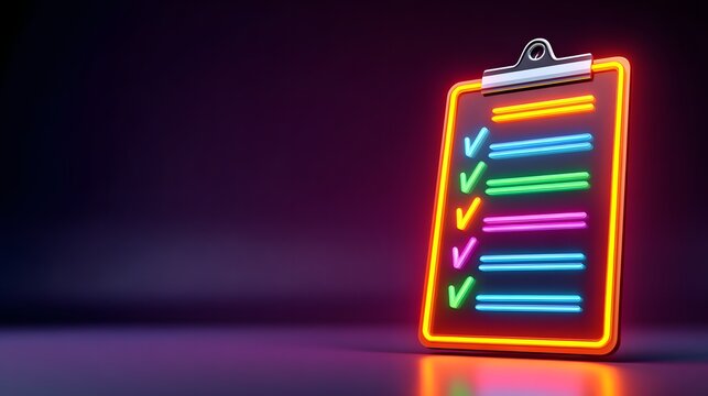 Illuminated Neon Checklist on a Clipboard Against a Dark Background for Business Planning