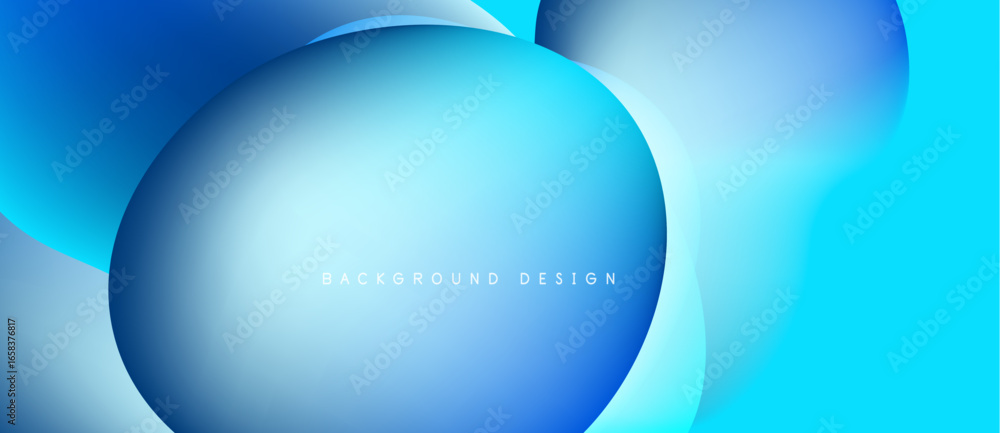 Poster abstract blue shapes overlap, creating fluid dynamic background. soft gradients suggest depth, moder