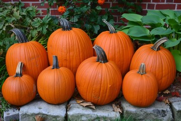 Orange pumpkins of various sizes are displayed on a stone wall in a garden setting, ready for the autumn festivities