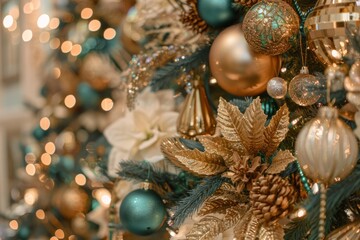 Fototapeta premium Close up of balls on christmas tree. Bokeh garlands in the background. New Year concept. Neural network ai generated