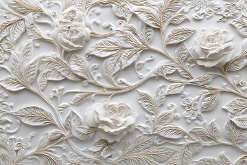 Exquisite 3D Embossed Floral Wall Decor Featuring Intricate Rose and Leaf Design in Elegant Off-White Hues