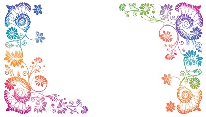 Colorful floral corner border design on white background.  Intricate swirls and flowers in rainbow hues