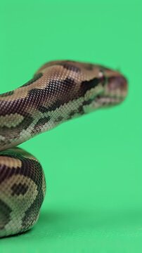 Detailed close-up of a brown patterned snake against a vibrant green background, highlighting reptile scales and skin texture.