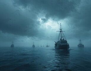 Obraz premium Fleet of fishing boats sailing on vast, dark blue ocean under stormy, overcast sky. Vessels move through hazy, misty conditions, creating dramatic, moody maritime atmosphere. Sunlight breaks through