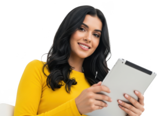 Young woman smiling holding a tablet isolated on transparent background