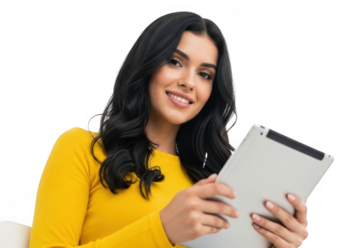 Young woman smiling holding a tablet isolated on transparent background