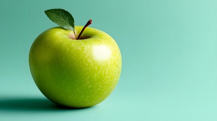 Fresh Green Apple with Leaf Against a Mint Background Highlighting Natural Glossy Texture